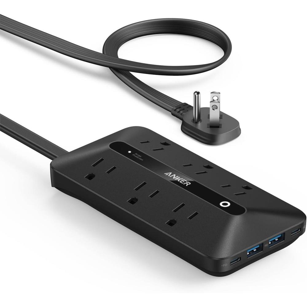 imageAnker Flat Plug Power Strip 300J with USB Ports 10in1 Ultra Thin Power Strip with 6 AC 2 USBA and 2 USBC Ports5feet Extension Cord Desk Charging StationHome Office College DormBlack