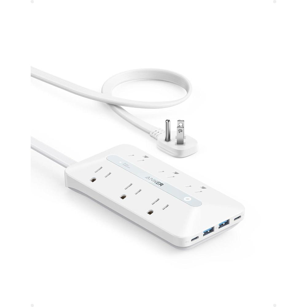 imageAnker Flat Plug Power Strip 300J with USB Ports 10in1 Ultra Thin Power Strip with 6 AC 2 USBA and 2 USBC Ports5feet Extension Cord Desk Charging StationHome Office College DormWhite
