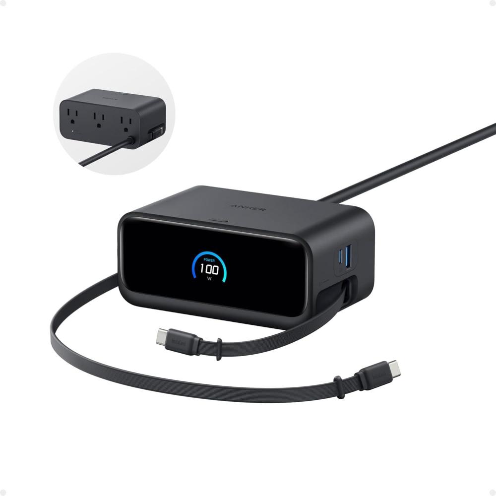 imageAnker Nano Charging Station 7in1 USBC Power Strip for iPhone 16 23 ft Anker InstaCord Retractable Cable 3 USBC 1 USBA 3 AC 100W Desktop Fast Charging for MacBook Home OfficeNonBatteryBlack