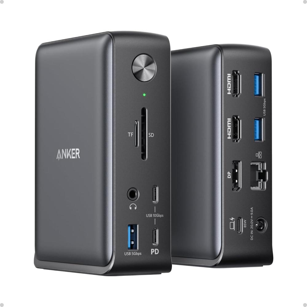 imageAnker Laptop Docking Station 13in1 USBC Docking Station Triple Display with 2 x 4K HDMI and 1 x DP 85W Charging for Laptop 10 Gbps USBC and 5 Gbps USBA Data Ethernet Audio SD