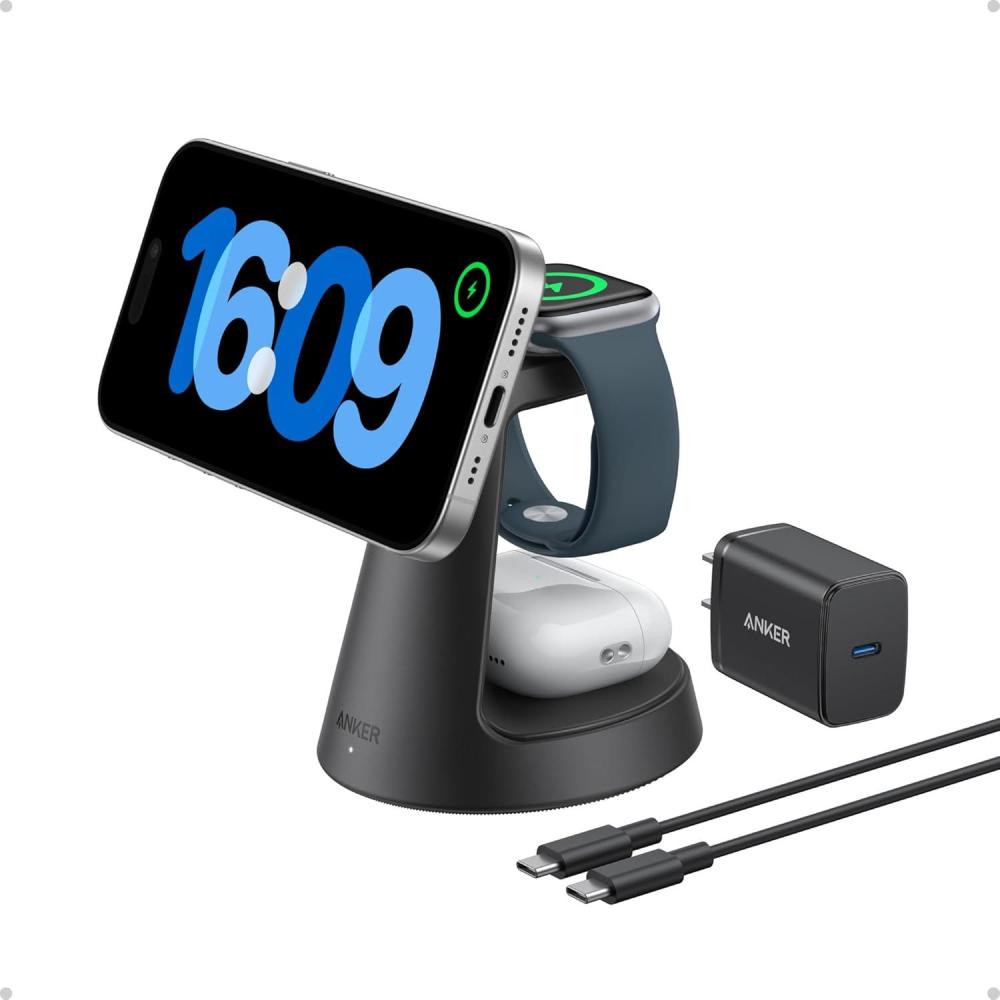 imageAnker MagSafe Charger Compatible MagGo 3in1 Charging Station Nano Charging Stand Qi2 Certified 15W Magnetic Wireless Charger Dock Stand For iPhone161514 Apple WatchAirPods Adapter IncludedBlack