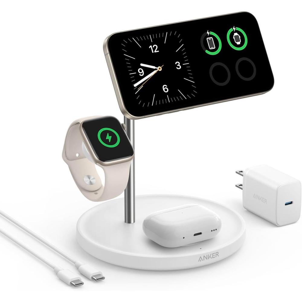imageAnker MagSafe Charger Stand iPhone 16 Wireless Charging Station MagGo 3 in 1 Charging Station Qi2 Certified 15W Wireless Charger Desk Accessory for iPhone 1615141312 Apple Watch AirPodsWhite