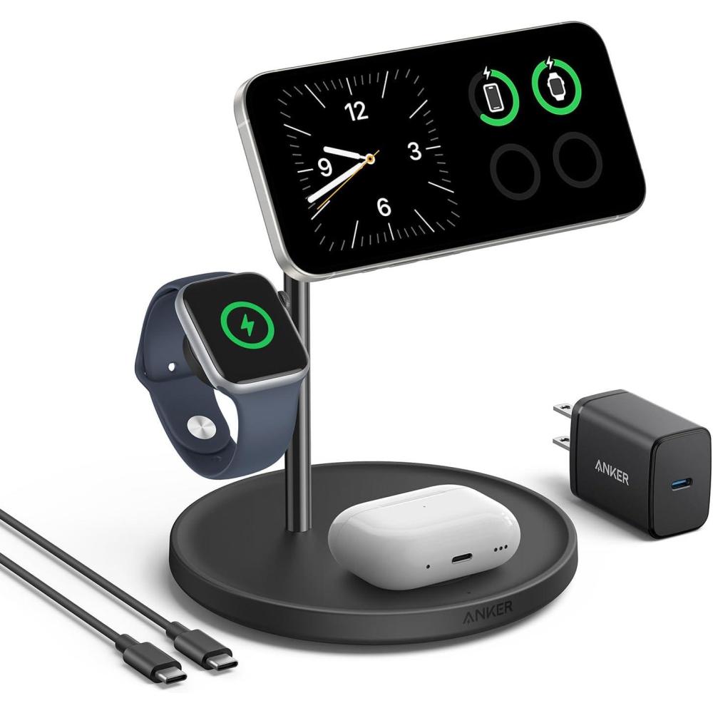 imageAnker MagSafe Charger Stand iPhone 16 Wireless Charging Station MagGo 3 in 1 Charging Station Qi2 Certified 15W Wireless Charger Desk Accessory for iPhone 1615141312 Apple Watch AirPodsBlack