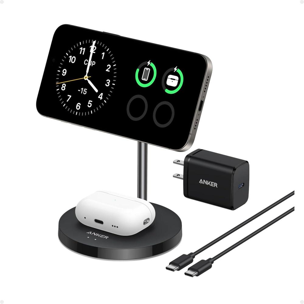 imageAnker MagSafe Compatible MagGo Charger Stand iPhone 16 Wireless Charger 2in1 Charging Station Qi2 Certified 15W Fast Charging for iPhone 1615141312 AirPods Pro Black No AdapterBlack