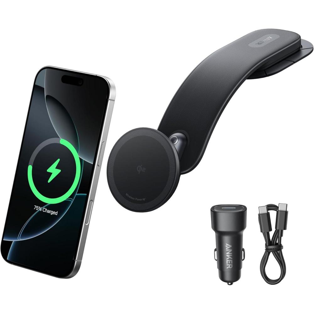 imageAnker Nano Magnetic Wireless Car Charger 360 Adjustable Mount Car Charger with Detachable Pad 15W Qi2 Certified with Alloy Bracket Fast Charging for iPhone 1615141312 Series Adapter Included