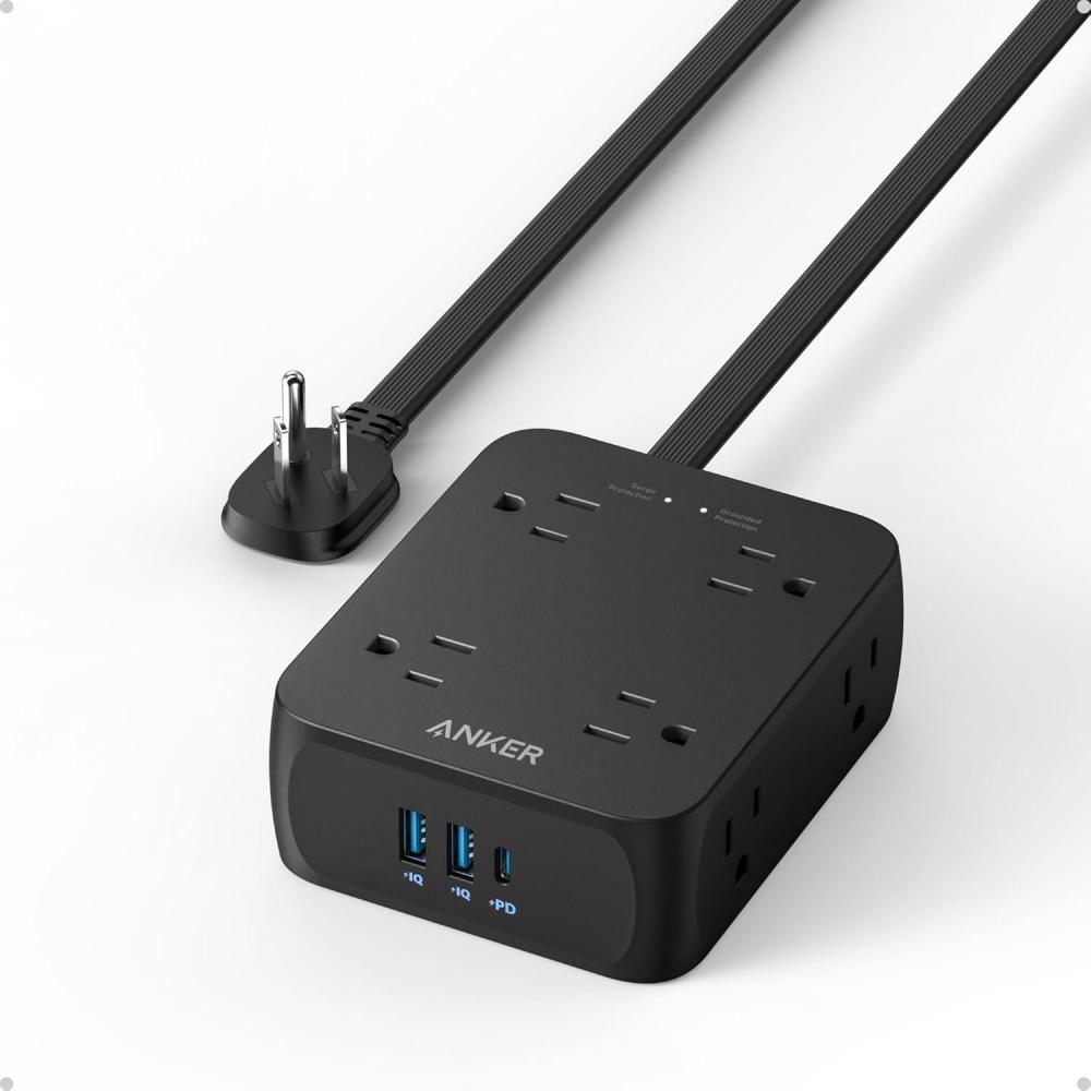 imageAnker Surge Protector Flat Plug Power Strip 2000J 5ft Thin Extension Cord 8 Outlets2 USB A and 1 USB C Port20W for iPhone15Wall MountCompact for HomeOfficeRoomTUV ListedBlack