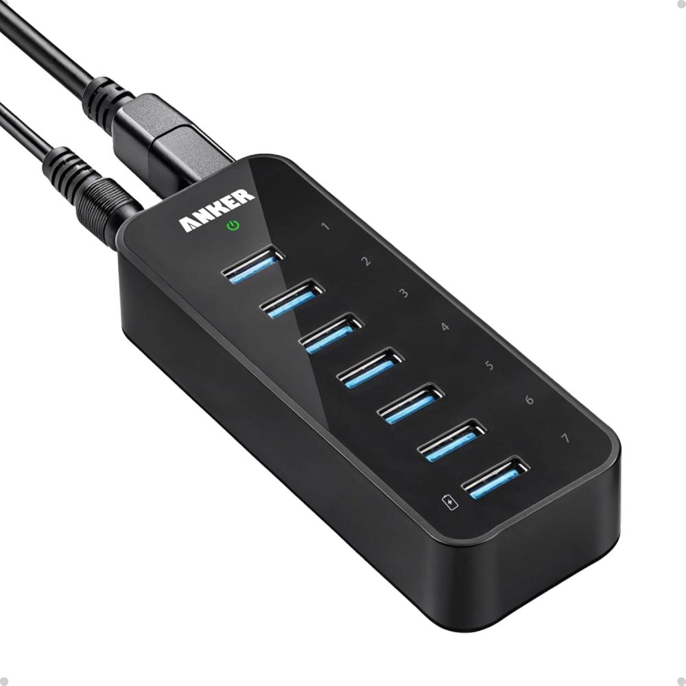 imageAnker USB Hub USB 30 Hub 10 Port 60W Data Hub with 7 USB30 Ports 3 PowerIQ Charging Ports Compatible with MacBook iMac Dell XPS Surface Pro iPhone iPad Air Galaxy Series Mobile HDD7 Ports