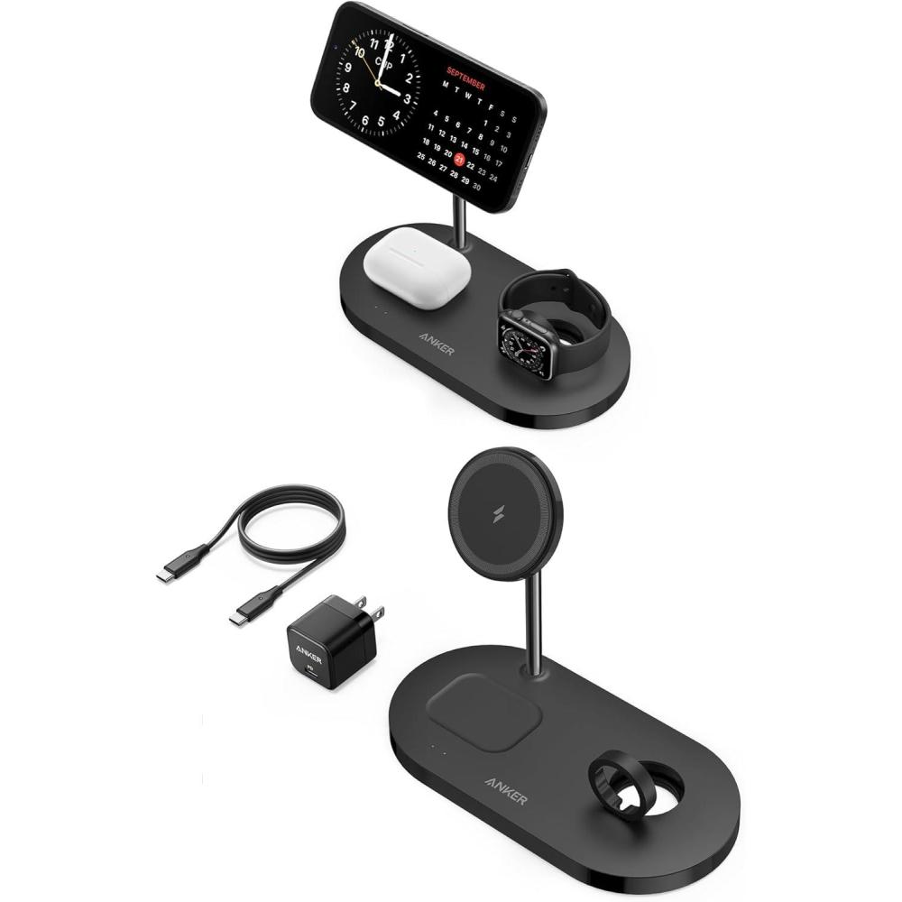 imageAnker Wireless Charging Station iPhone 16 Charger 533 Magnetic 3in1 Wireless Charging Stand 5 ft USBC Cable for iPhone 16151413 AirPods 32Pro Apple Watch 16 Watch Cable Not Included
