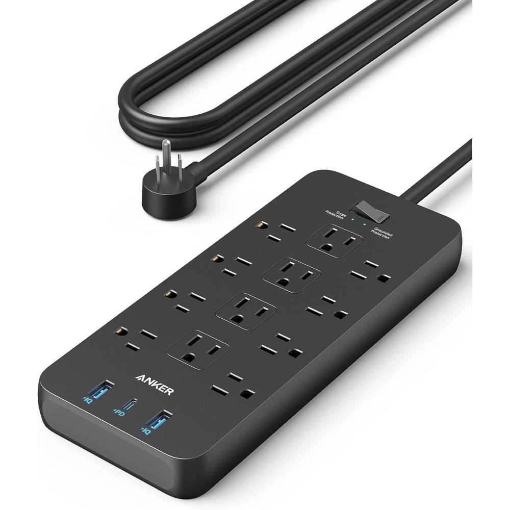 imageSurge Protector Power Strip 2100J Anker 12 Outlets with 1 USB C and 2 USB Ports foriPhone 1515 Plus15 Pro15 Pro Max 5ft Extension Cord Flat Plug 20W USB C Charging for Home OfficeTUV ListedBlack