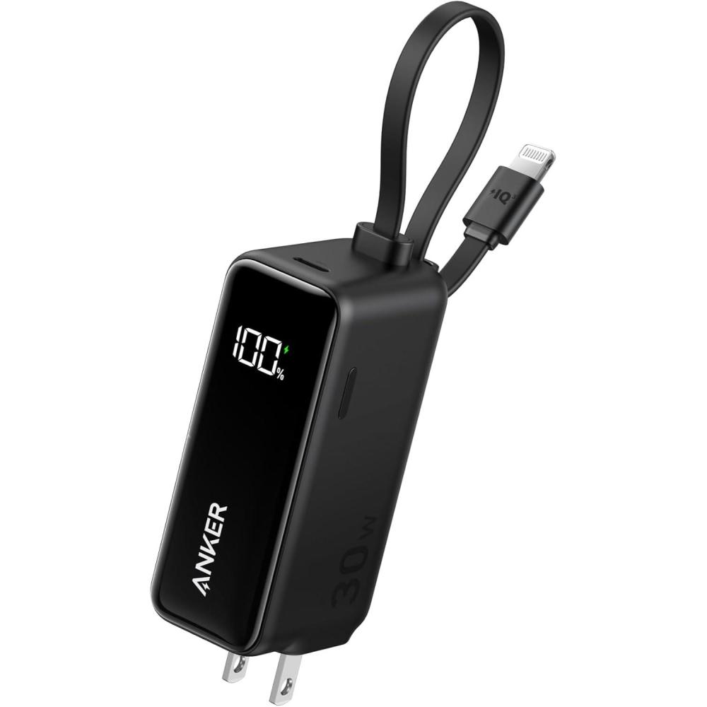 imageANKER 3in1 Power Bank 5000mAh Portable Charger with Builtin Lightning Cable and Foldable AC Plug 30W Max Compact Battery Pack for iPhone 14 Series Galaxy MacBook and MoreLightning CableBlack