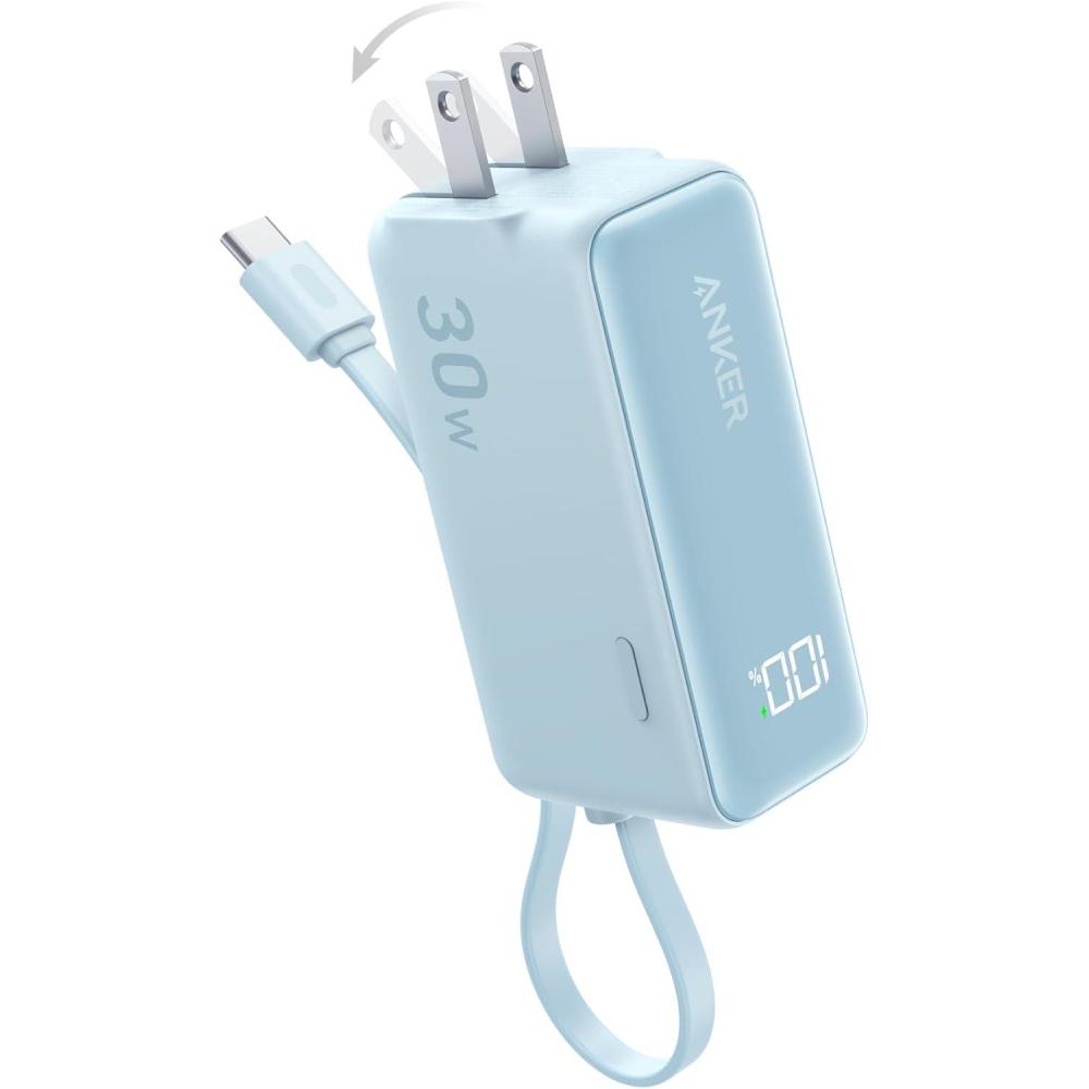 imageANKER 3in1 Power Bank 5000mAh Portable Charger with Builtin Lightning Cable and Foldable AC Plug 30W Max Compact Battery Pack for iPhone 14 Series Galaxy MacBook and MoreType C CableBlue