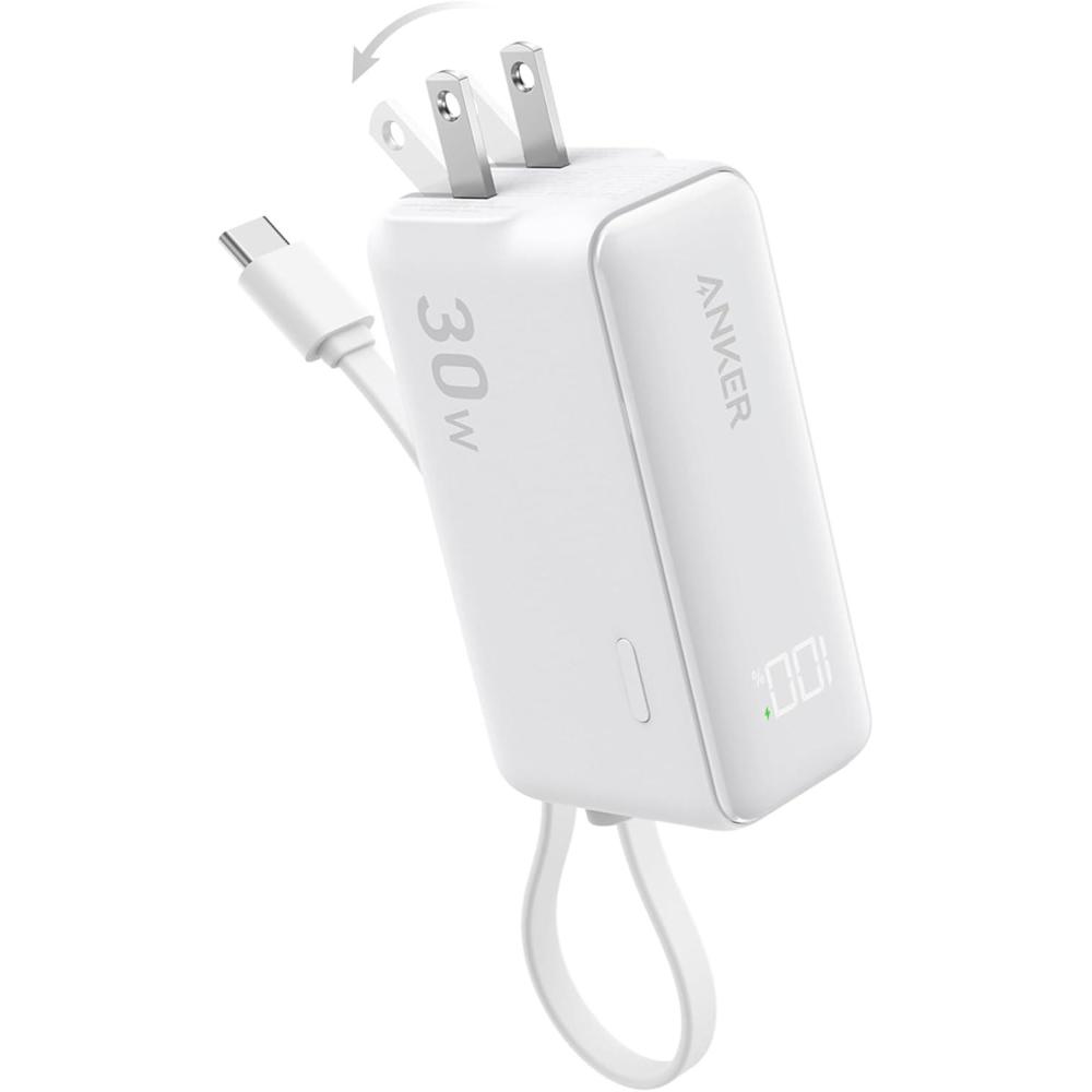 imageANKER 3in1 Power Bank 5000mAh Portable Charger with Builtin Lightning Cable and Foldable AC Plug 30W Max Compact Battery Pack for iPhone 14 Series Galaxy MacBook and MoreType C CableWhite