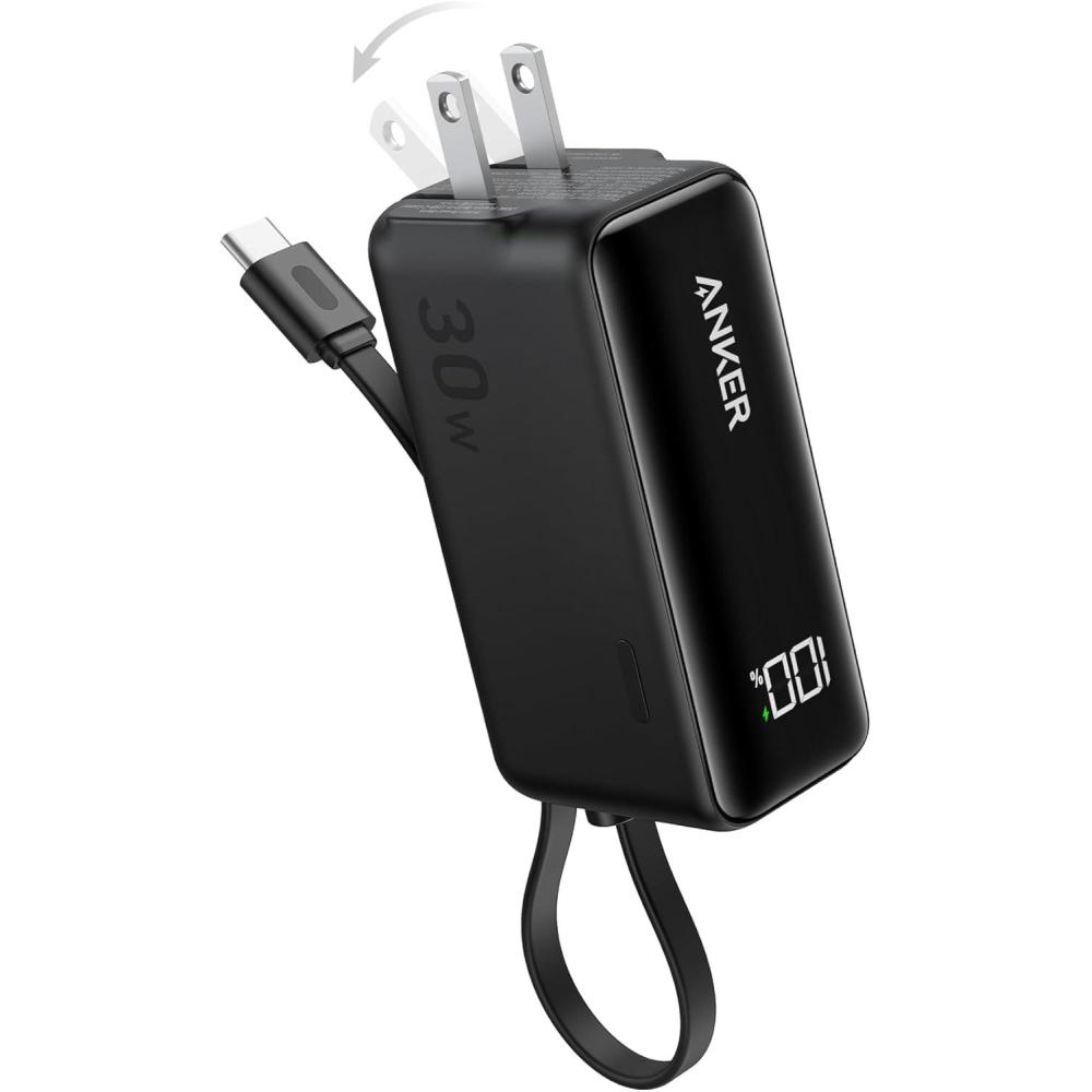 imageANKER 3in1 Power Bank 5000mAh Portable Charger with Builtin Lightning Cable and Foldable AC Plug 30W Max Compact Battery Pack for iPhone 14 Series Galaxy MacBook and MoreType C CableBlack