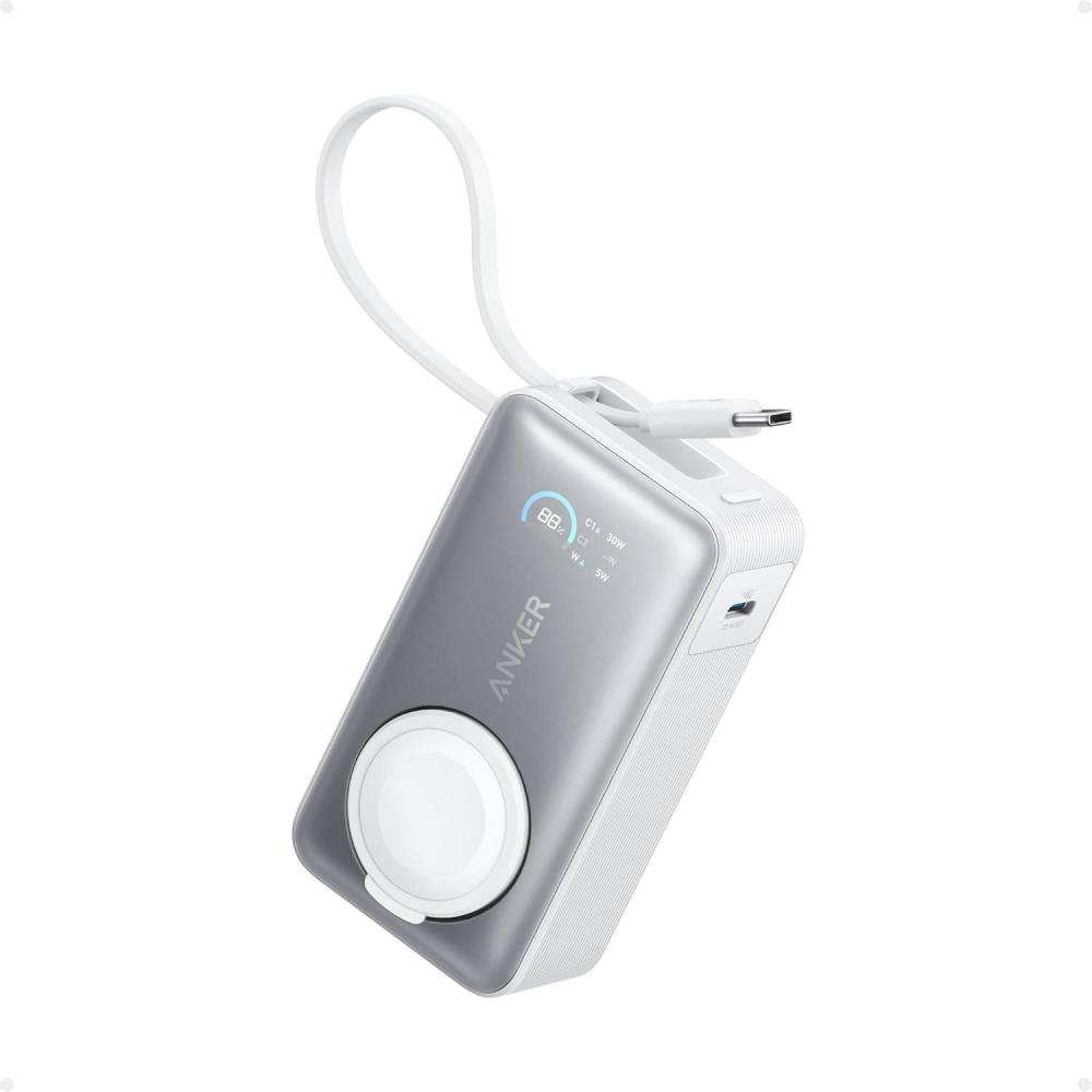 imageAnker MagGo Power Bank for Apple Watch Officially Certified 10000mAh Compact Battery Pack with Builtin USBC Cable 35W Max for iPhone 15 Series Samsung iPad AirPods and MoreWhiteWhite