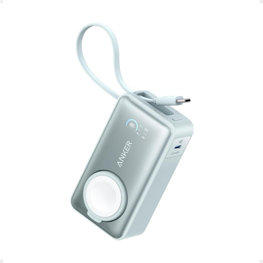 imageAnker MagGo Power Bank for Apple Watch Officially Certified 10000mAh Compact Battery Pack with Builtin USBC Cable 35W Max for iPhone 15 Series Samsung iPad AirPods and MoreWhiteGreen