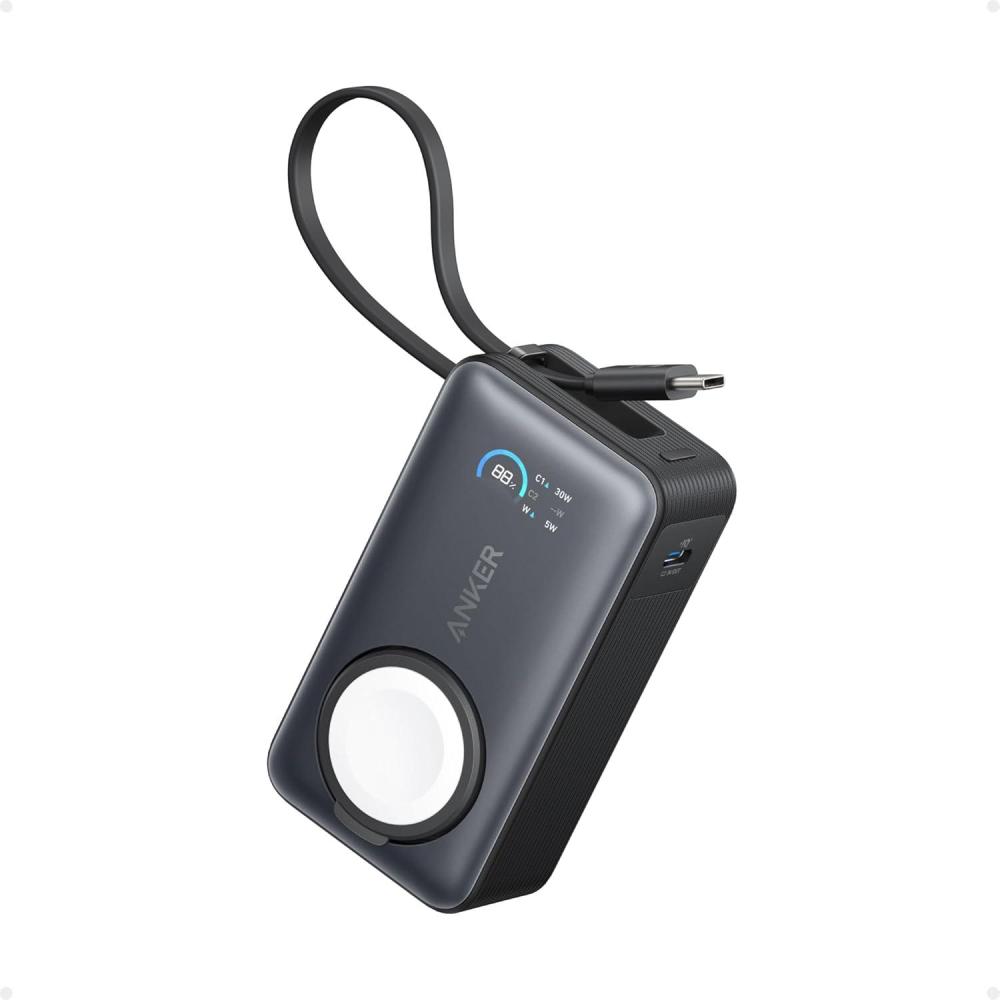 imageAnker MagGo Power Bank for Apple Watch Officially Certified 10000mAh Compact Battery Pack with Builtin USBC Cable 35W Max for iPhone 15 Series Samsung iPad AirPods and MoreWhiteBlack