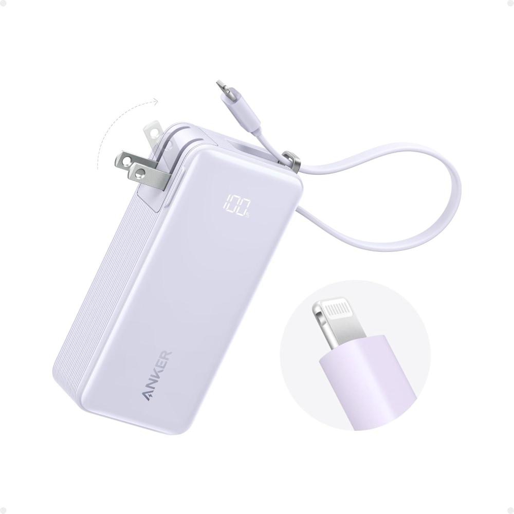 imageAnker Nano 3in1 Portable iPhone Charger 10000mAh Power Bank with Builtin USBC Cable and Foldable Wall Plug 30W Max Battery Pack Travel Essentials for iPhone 1615 Series Galaxy MacBookLightning CableViolet