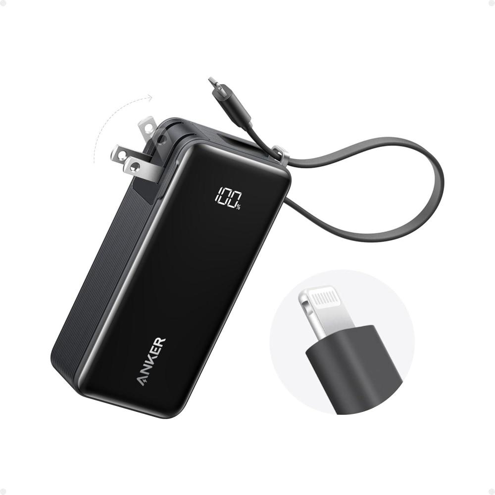 imageAnker Nano 3in1 Portable iPhone Charger 10000mAh Power Bank with Builtin USBC Cable and Foldable Wall Plug 30W Max Battery Pack Travel Essentials for iPhone 1615 Series Galaxy MacBookLightning CableBlack