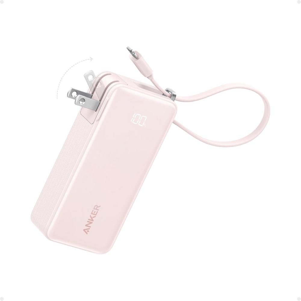 imageAnker Nano 3in1 Portable iPhone Charger 10000mAh Power Bank with Builtin USBC Cable and Foldable Wall Plug 30W Max Battery Pack Travel Essentials for iPhone 1615 Series Galaxy MacBookLightning CablePink