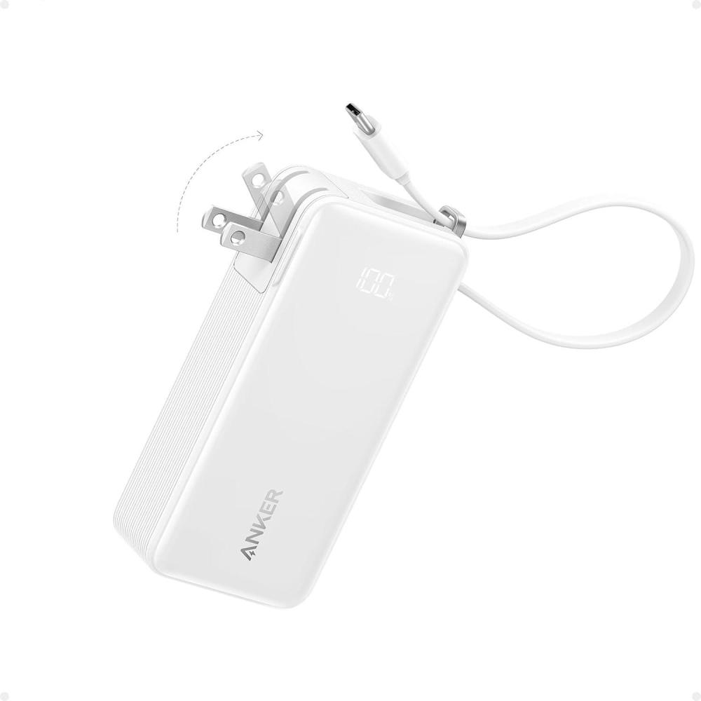imageAnker Nano 3in1 Portable iPhone Charger 10000mAh Power Bank with Builtin USBC Cable and Foldable Wall Plug 30W Max Battery Pack Travel Essentials for iPhone 1615 Series Galaxy MacBookType C CableWhite