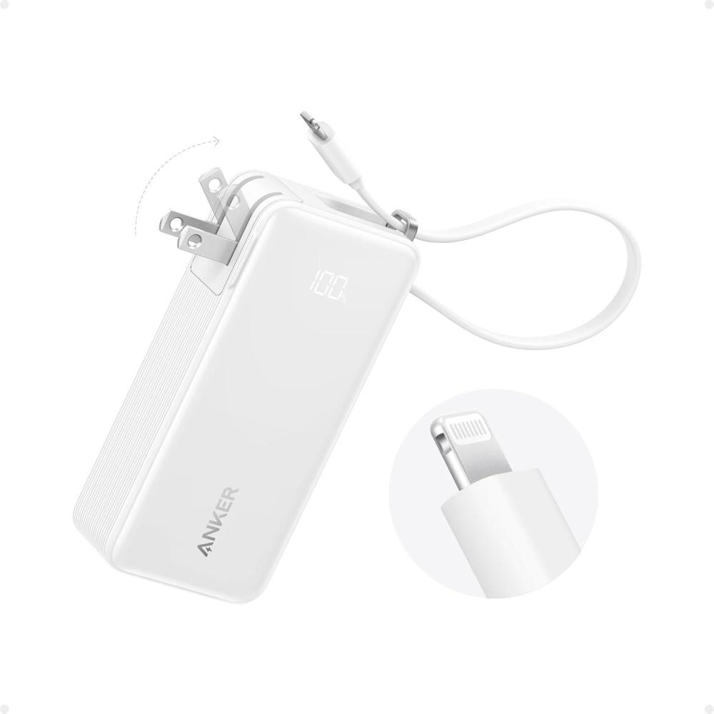 imageAnker Nano 3in1 Portable iPhone Charger 10000mAh Power Bank with Builtin USBC Cable and Foldable Wall Plug 30W Max Battery Pack Travel Essentials for iPhone 1615 Series Galaxy MacBookLightning CableWhite