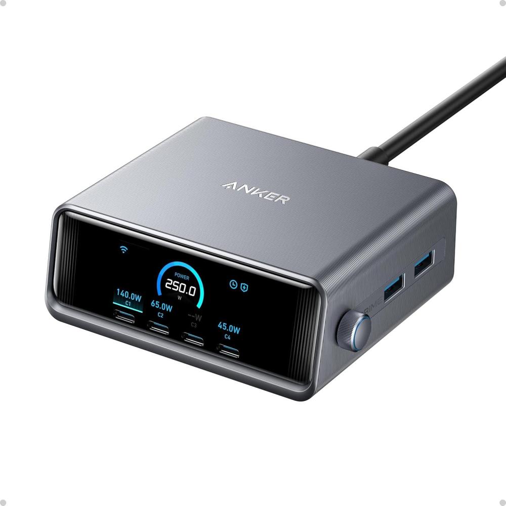 imageAnker Prime Charger 250W GaN Prime USB C Charging Station UltraFast 6Port 226quot LCD Display and Smart Control Dial Compatible with MacBook ProAir iPhone 161514 Galaxy and More Silver