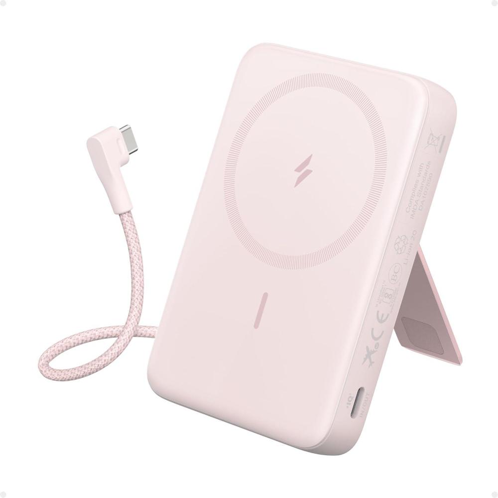 imageAnker Zolo Magnetic Power Bank 10000mAh Wireless Portable Charger with 30W Max Fast Charging Battery Pack with Builtin USBC Cable and Adjustable Stand for iPhone 1615 Series AirPods and MorePink