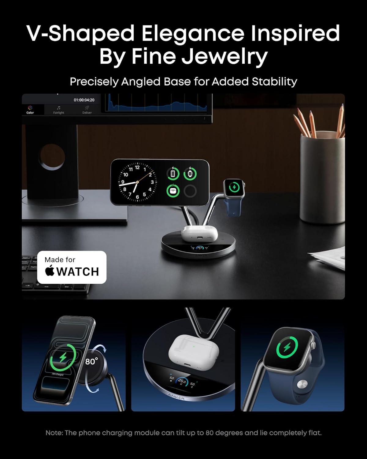 imageAnker Prime MagSafe Charger Compatible 3in1 Charging Station Qi2 25W Certified Wireless Charger Dock Stand Smart Display with TEC Active Cooling for iPhone 17 Apple Watch AirPods and More