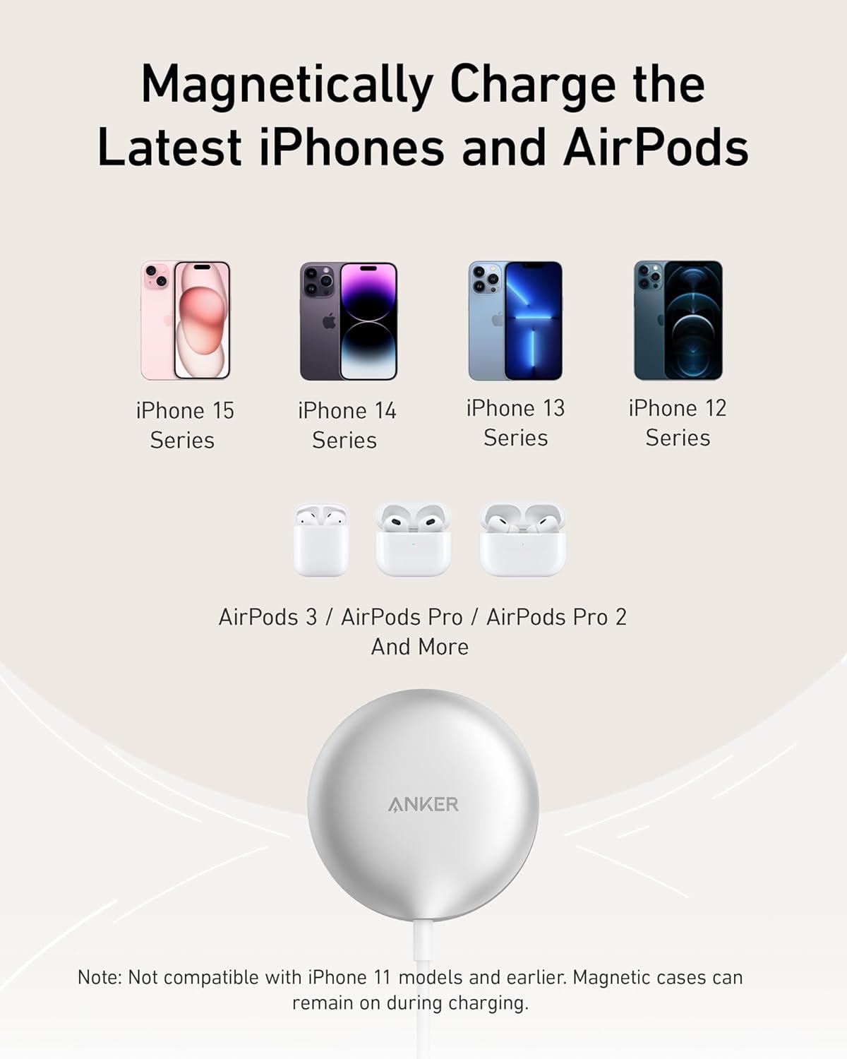 imageAnker MagSafe Charger Pad MagGo iPhone 16 Wireless Charging Pad Qi2 Certified 15W Wireless Charger Compatible with iPhone 1616 Plus16 Pro16 Pro Max15141312 Series USBC Adapter IncludedWhite