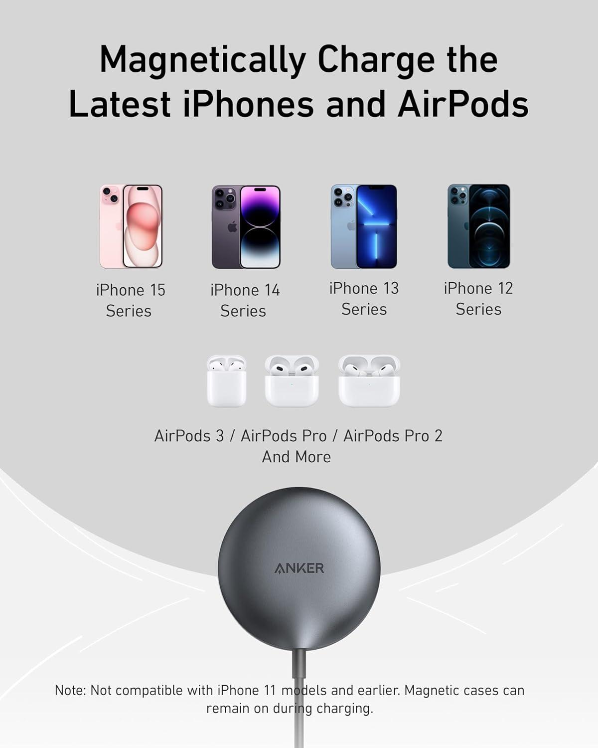 imageAnker MagSafe Charger Pad MagGo iPhone 16 Wireless Charging Pad Qi2 Certified 15W Wireless Charger Compatible with iPhone 1616 Plus16 Pro16 Pro Max15141312 Series USBC Adapter IncludedBlack