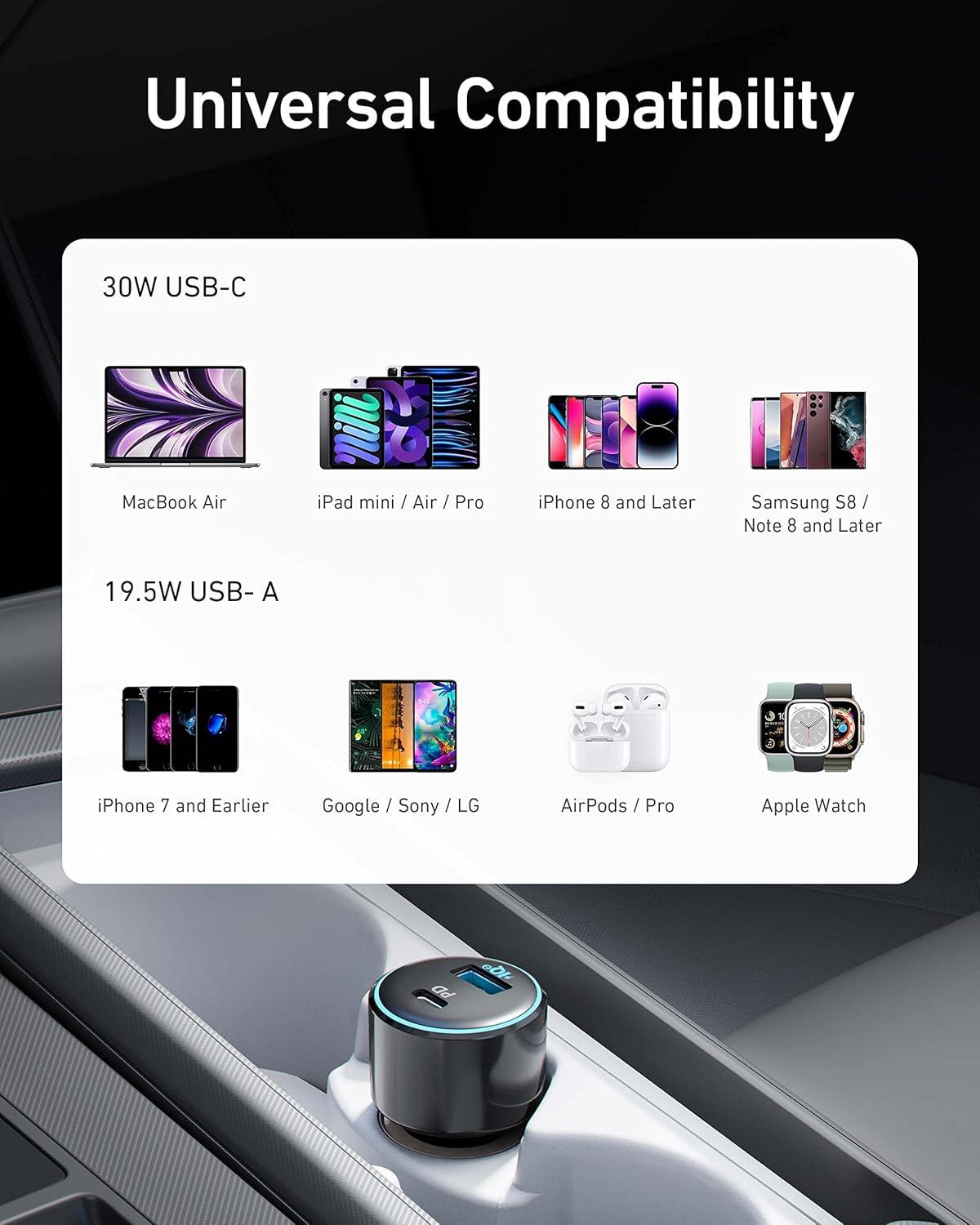 imageAnker USB C Car Charger 495W PowerDrive Speed 2 Adapter 30W PD Port for iPhone 15 14 13 12 11 Series Compatible with S10S9 MacBook Air iPad Pro 195W Fast Charge Port for S8 and More