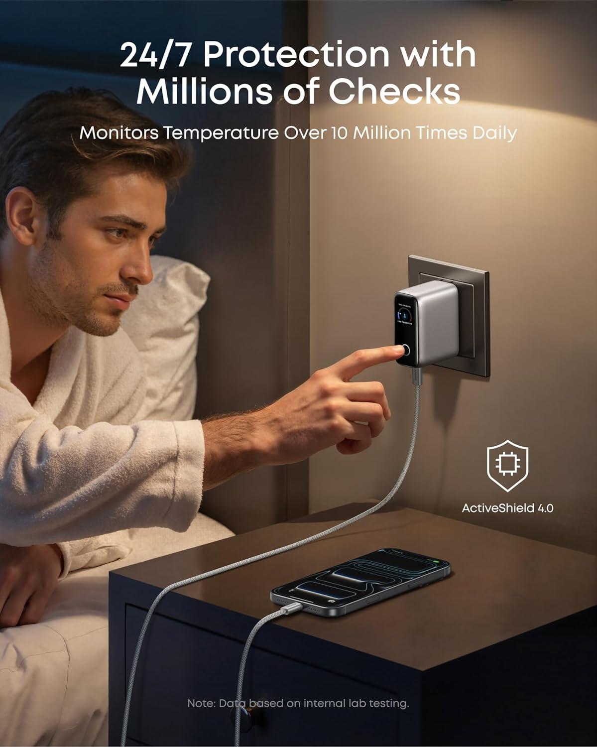 imageAnker Charger 100W Max USB C Charger Block 3Port GaN and UltraCompact Wall Adapter Smart Display and Touch Control for MacBook iPad iPhone 1716 Series andd More USBC Cable IncludedSilver