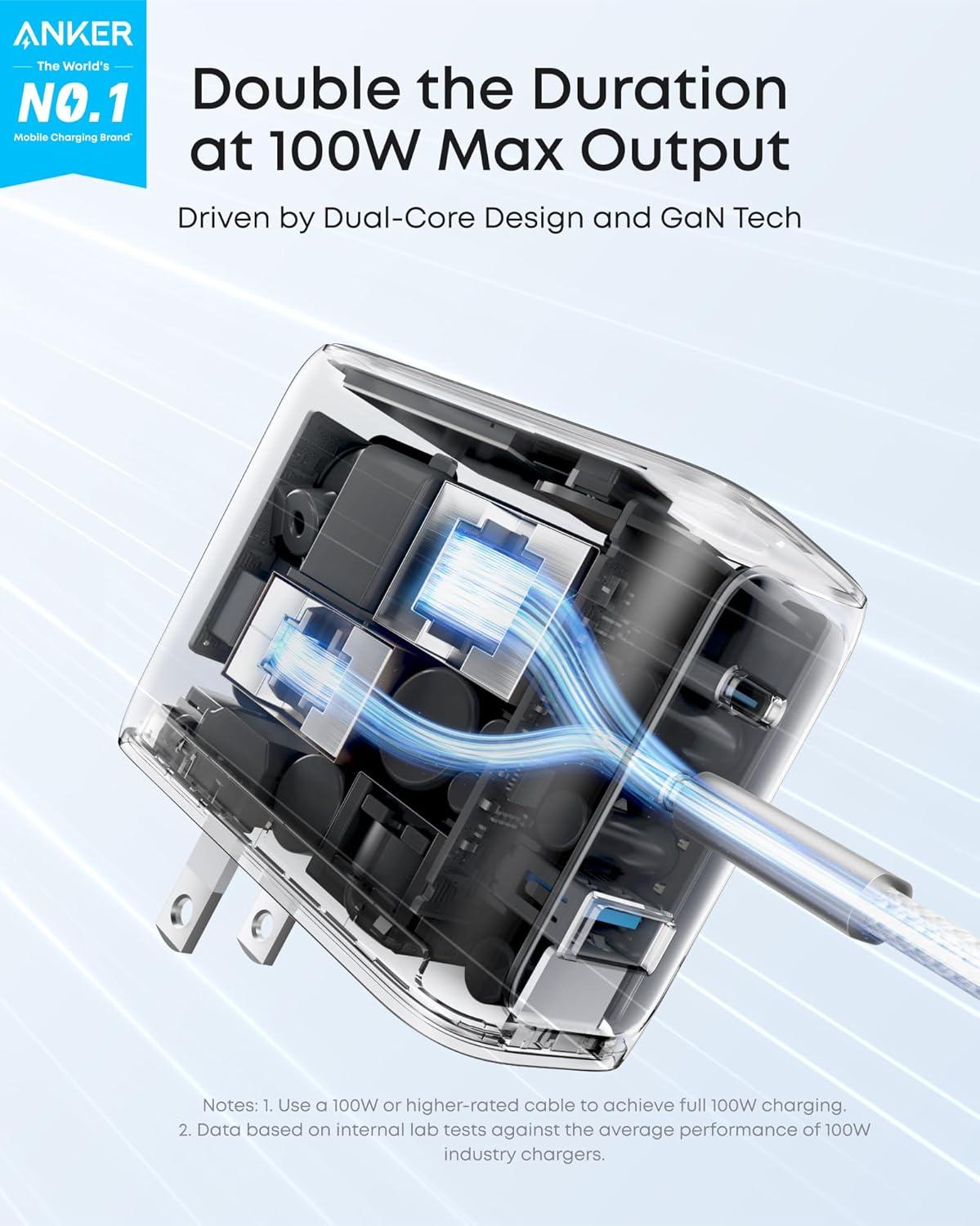 imageAnker Charger 100W Max USB C Charger Block 3Port GaN and UltraCompact Wall Adapter Smart Display and Touch Control for MacBook iPad iPhone 1716 Series andd More USBC Cable IncludedSilver