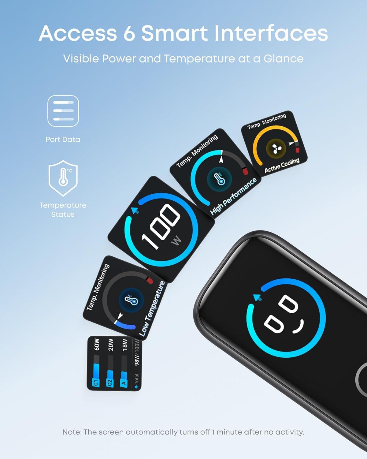 imageAnker Charger 100W Max USB C Charger Block 3Port GaN and UltraCompact Wall Adapter Smart Display and Touch Control for MacBook iPad iPhone 1716 Series andd More USBC Cable IncludedDark Gray