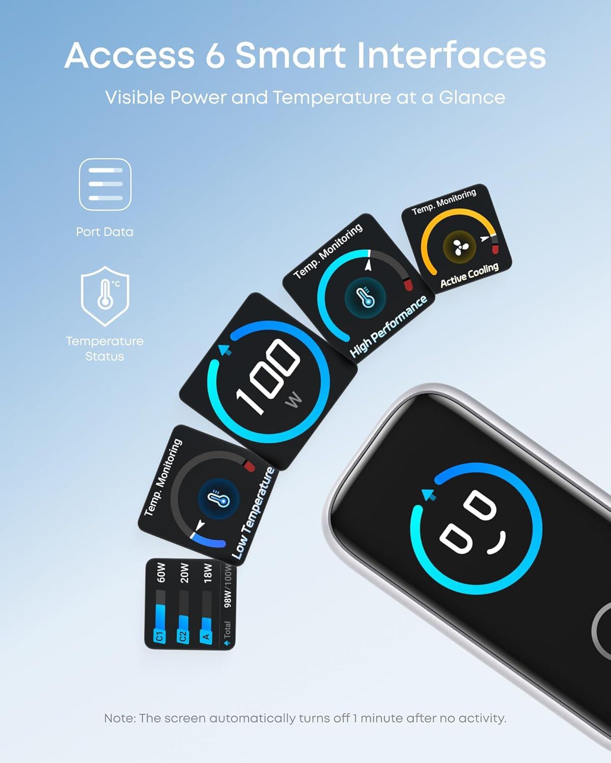 imageAnker Charger 100W Max USB C Charger Block 3Port GaN and UltraCompact Wall Adapter Smart Display and Touch Control for MacBook iPad iPhone 1716 Series andd More USBC Cable IncludedSilver