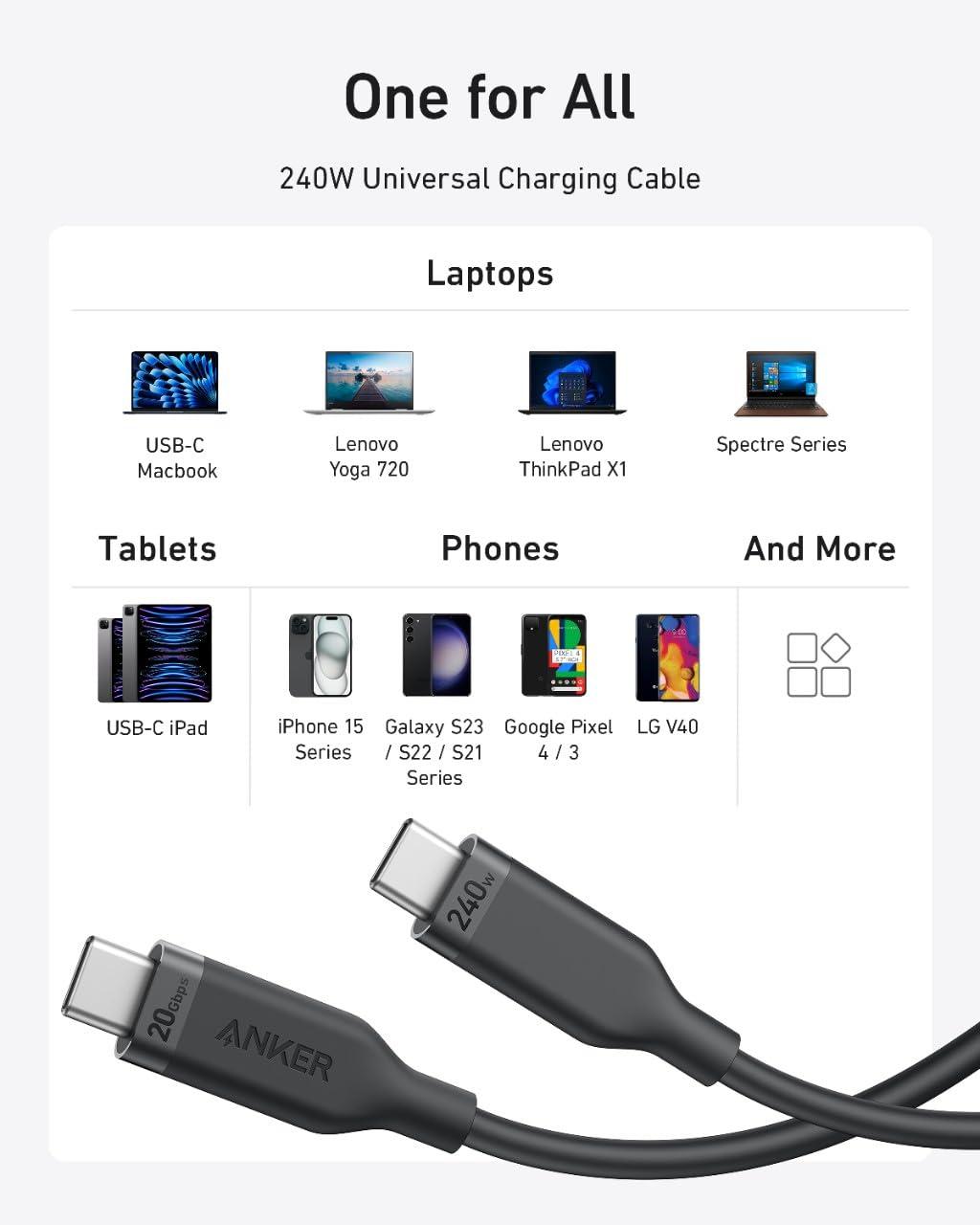 imageAnker USB 4 Gen 2 Cable 20 Gbps Data Transfer 4K HD Display 240W 3FT BioBased Charging USB C to Type C Cable for iPhone 16 Series USBC Laptops and More