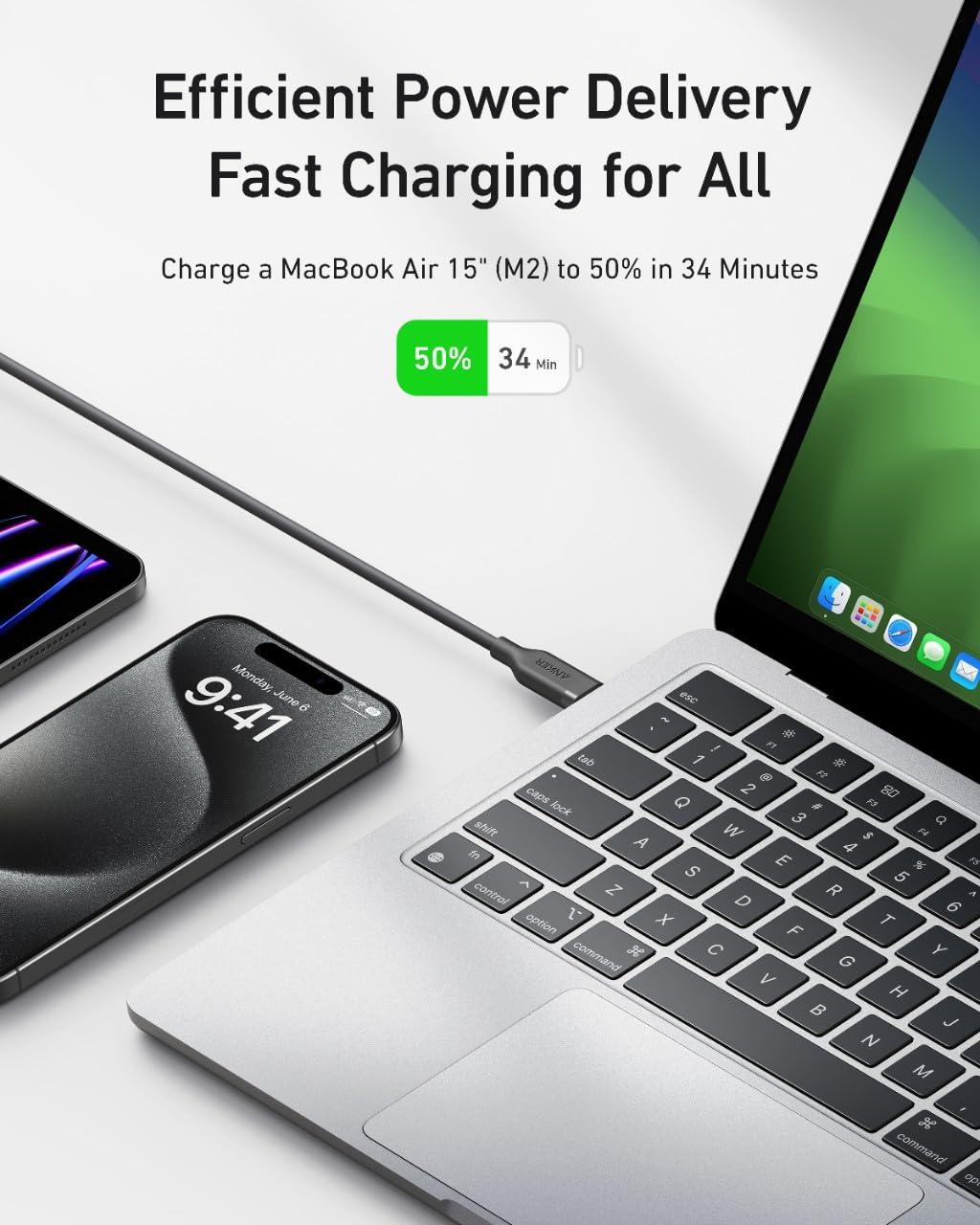 imageAnker USB 4 Gen 2 Cable 20 Gbps Data Transfer 4K HD Display 240W 3FT BioBased Charging USB C to Type C Cable for iPhone 16 Series USBC Laptops and More