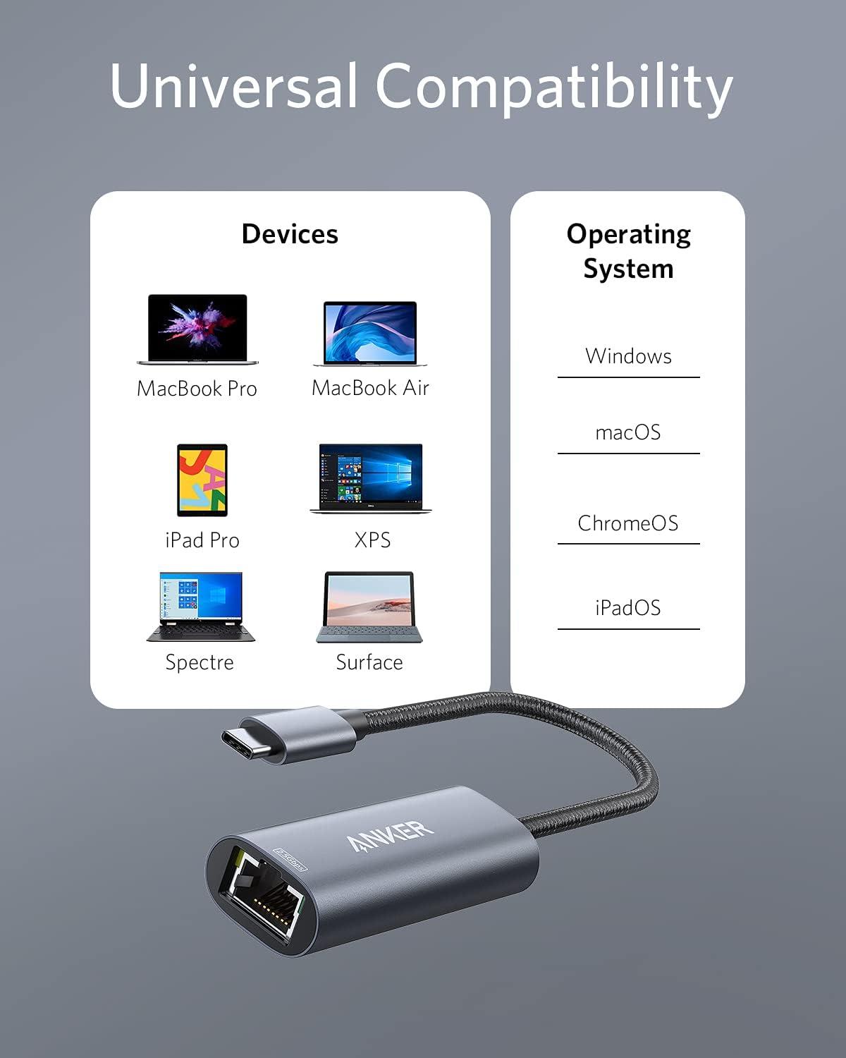 imageAnker USB C to Ethernet AdapterUSB TypeC to 25 Gbps Ethernet LAN Network AdapterAluminum Portablefor MacBook Pro MacBook Air 2018 and Later iPad Pro 2018 and Later XPS