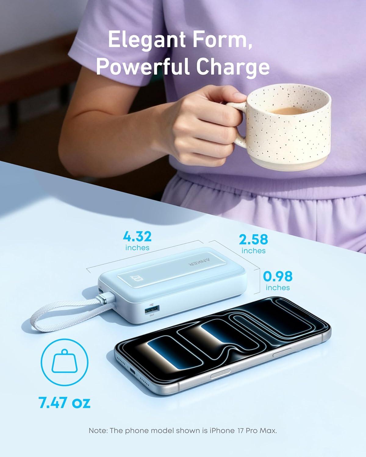 image:imageAnker Zolo Power Bank 2025 Upgraded Version 20000mAh 30W HighSpeed Portable Charger with Builtin USBC Cable Battery Pack for iPhone 1716 15 Series Galaxy and MoreWhite