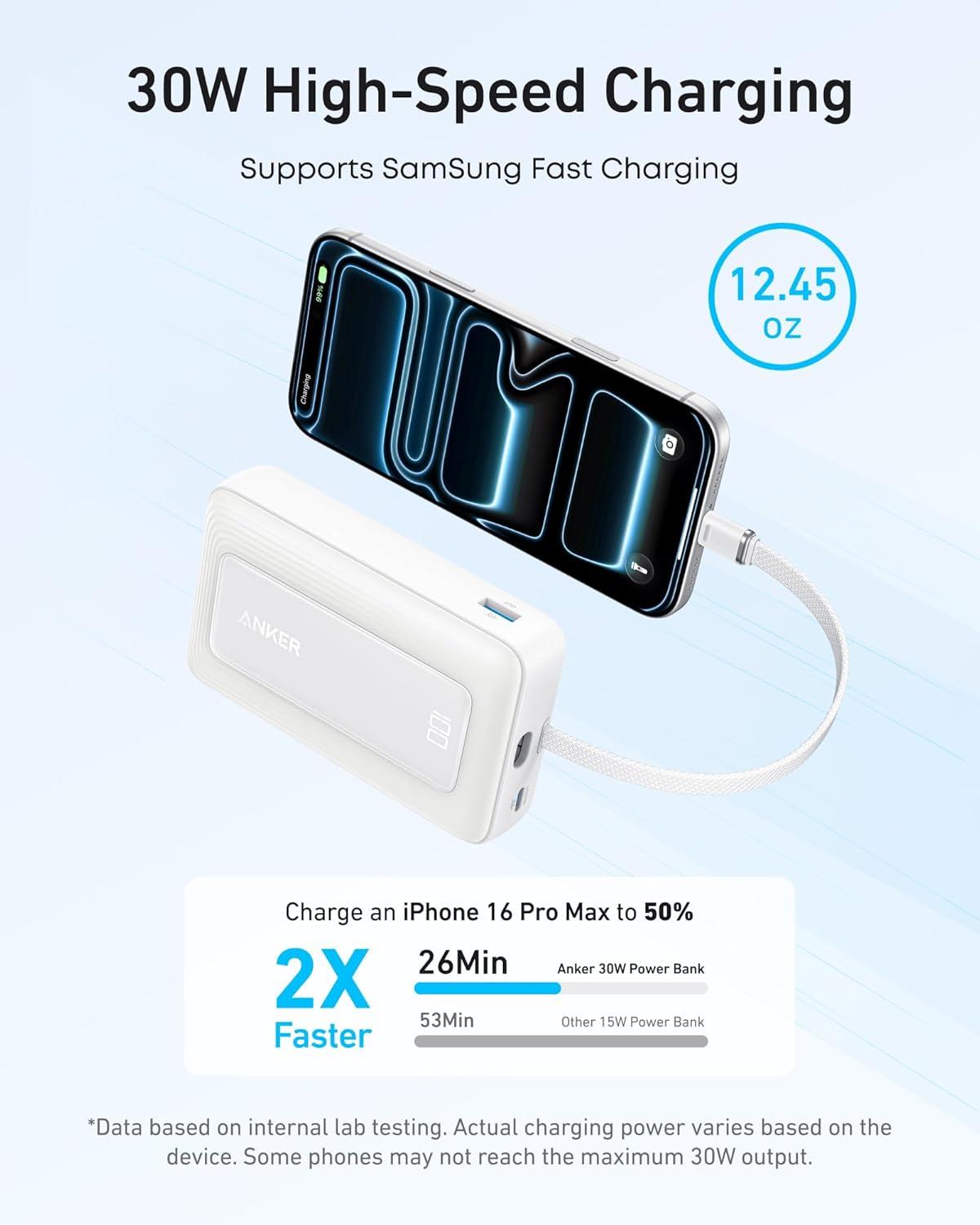 image:imageAnker Zolo Power Bank 2025 Upgraded Version 20000mAh 30W HighSpeed Portable Charger with Builtin USBC Cable Battery Pack for iPhone 1716 15 Series Galaxy and MoreWhite