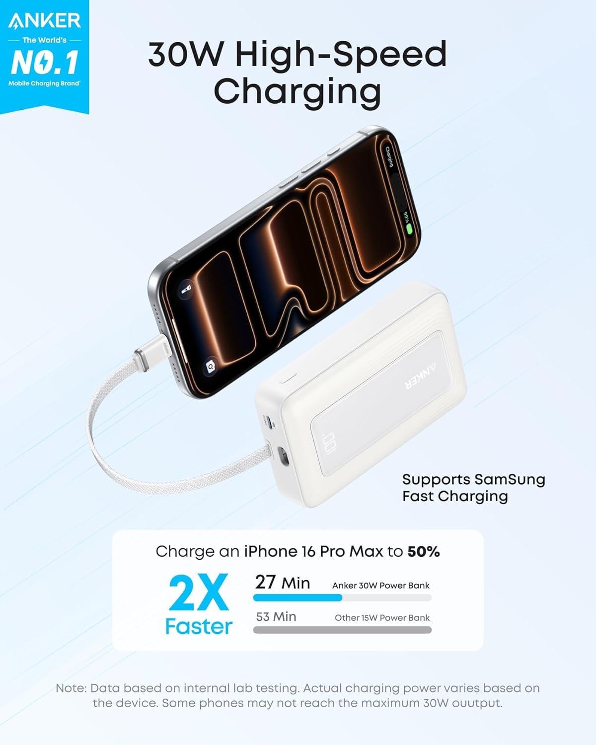 image:imageAnker Zolo Power Bank 2025 Upgraded Version 20000mAh 30W HighSpeed Portable Charger with Builtin USBC Cable Battery Pack for iPhone 1716 15 Series Galaxy and MoreWhite