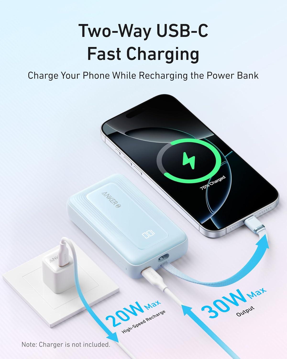 image:imageAnker Zolo Power Bank 2025 Upgraded Version 20000mAh 30W HighSpeed Portable Charger with Builtin USBC Cable Battery Pack for iPhone 1716 15 Series Galaxy and MoreWhite
