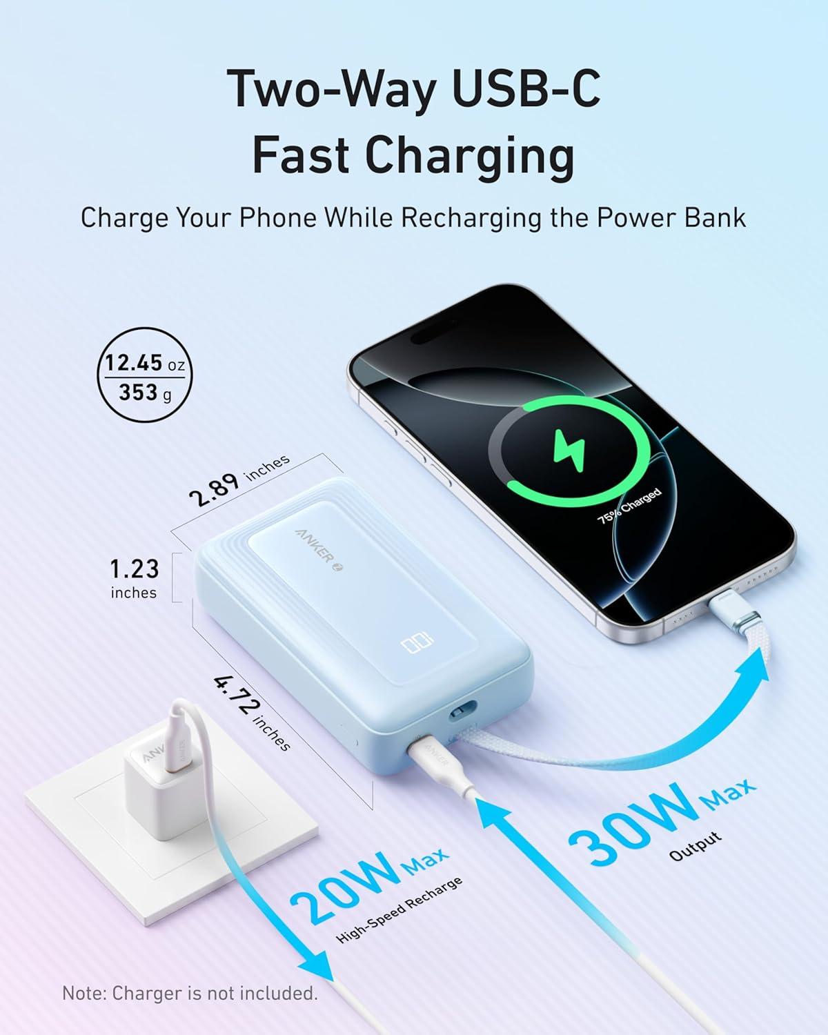 image:imageAnker Zolo Power Bank 2025 Upgraded Version 20000mAh 30W HighSpeed Portable Charger with Builtin USBC Cable Battery Pack for iPhone 1716 15 Series Galaxy and MoreWhite