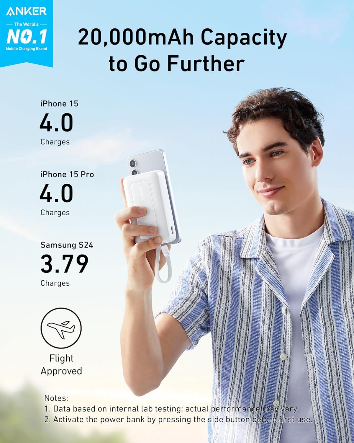 image:imageAnker Zolo Power Bank 2025 Upgraded Version 20000mAh 30W HighSpeed Portable Charger with Builtin USBC Cable Battery Pack for iPhone 1716 15 Series Galaxy and MoreWhite