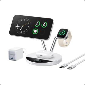 Anker Prime MagSafe Charger Compatible, 3-in-1 Charging Station, Qi2 25W Certified Wireless Charger Dock Stand, Smart Display with TEC Active Cooling, for iPhone 17, Apple Watch, AirPods (White)(White)