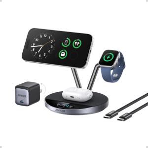 Anker Prime MagSafe Charger Compatible, 3-in-1 Charging Station, Qi2 25W Certified Wireless Charger Dock Stand, Smart Display with TEC Active Cooling, for iPhone 17, Apple Watch, AirPods (White)(Phantom Gray)