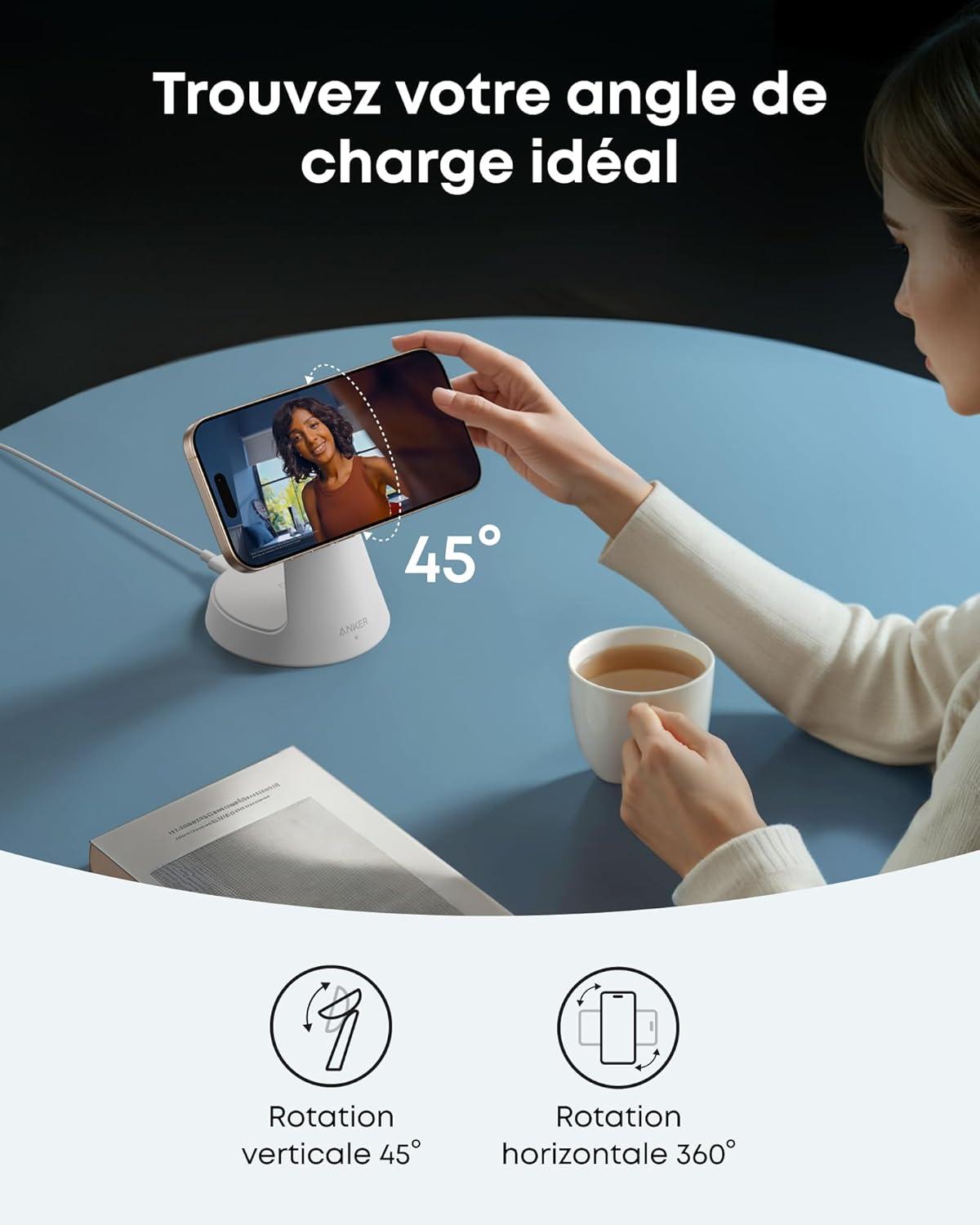 imageAnker MagGo iPhone 3 in 1 Induction Charger MagSafe 15W Stand Qi2 Certified Wireless Charger Compatible MagSafe for iPhone 17161514 Apple Watch AirPods Pro and More Adapter Includedblanc
