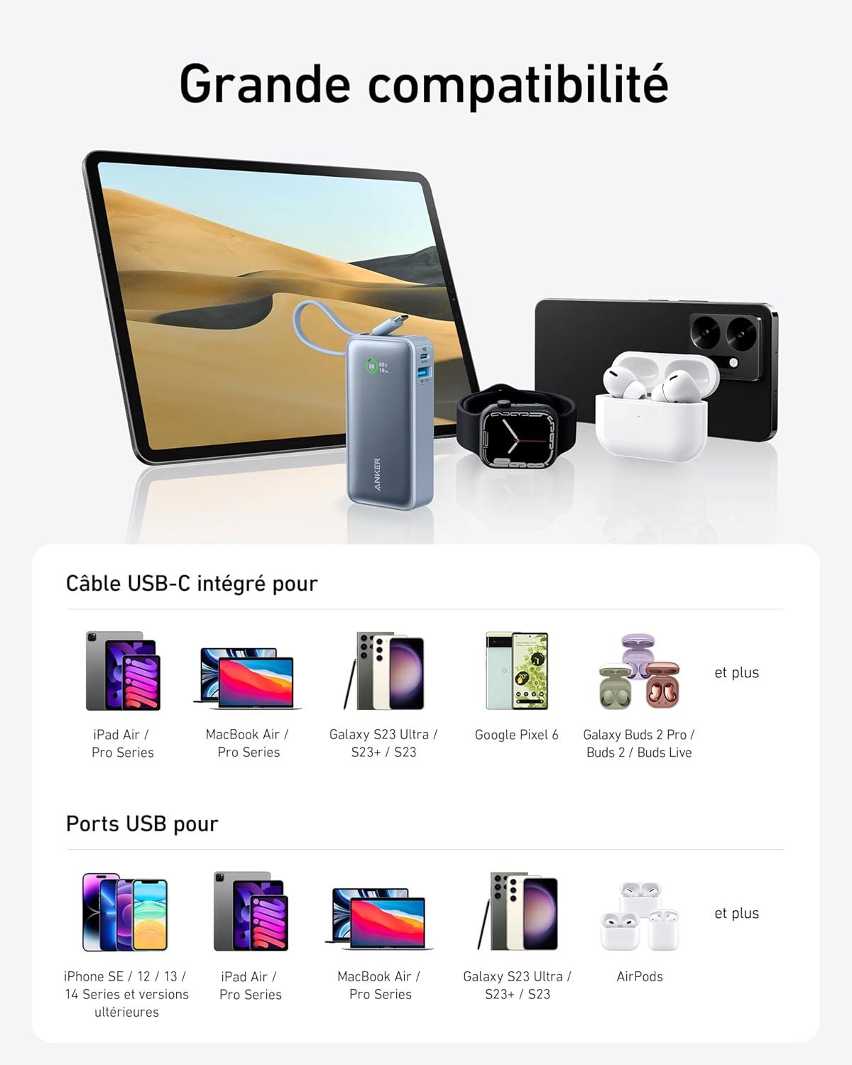 imageAnker Nano External Battery 10000mAh with Builtin USBC Cable Max Power PD 30W with 1 USBC ampamp A Port Compatible with iPhone 17 Pro Max16151413 MacBook Galaxy iPad AirPodsBlue