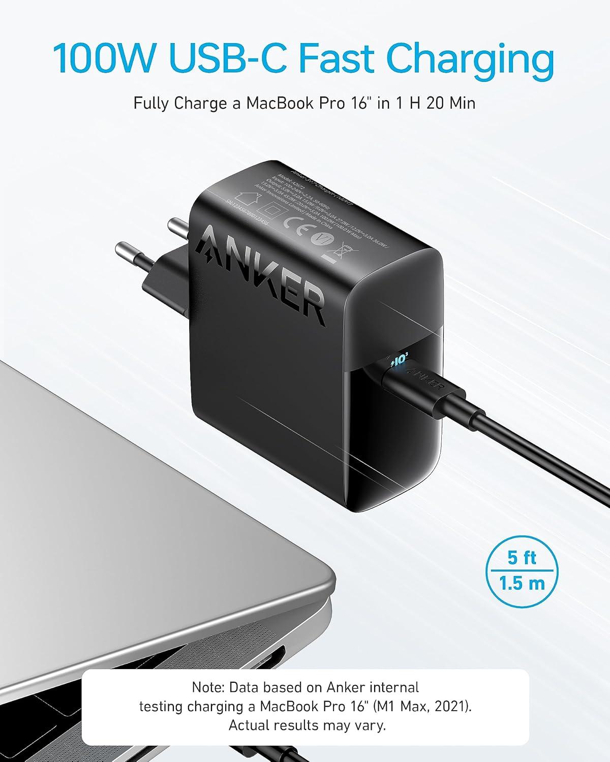 imageAnker USB C Charger 100W PIQ 30 Compact Fast Charger for MacBook Pro MacBook Air iPad Pro iPhone 1716 Samsung Galaxy and All USB C Devices 15m Cable Included
