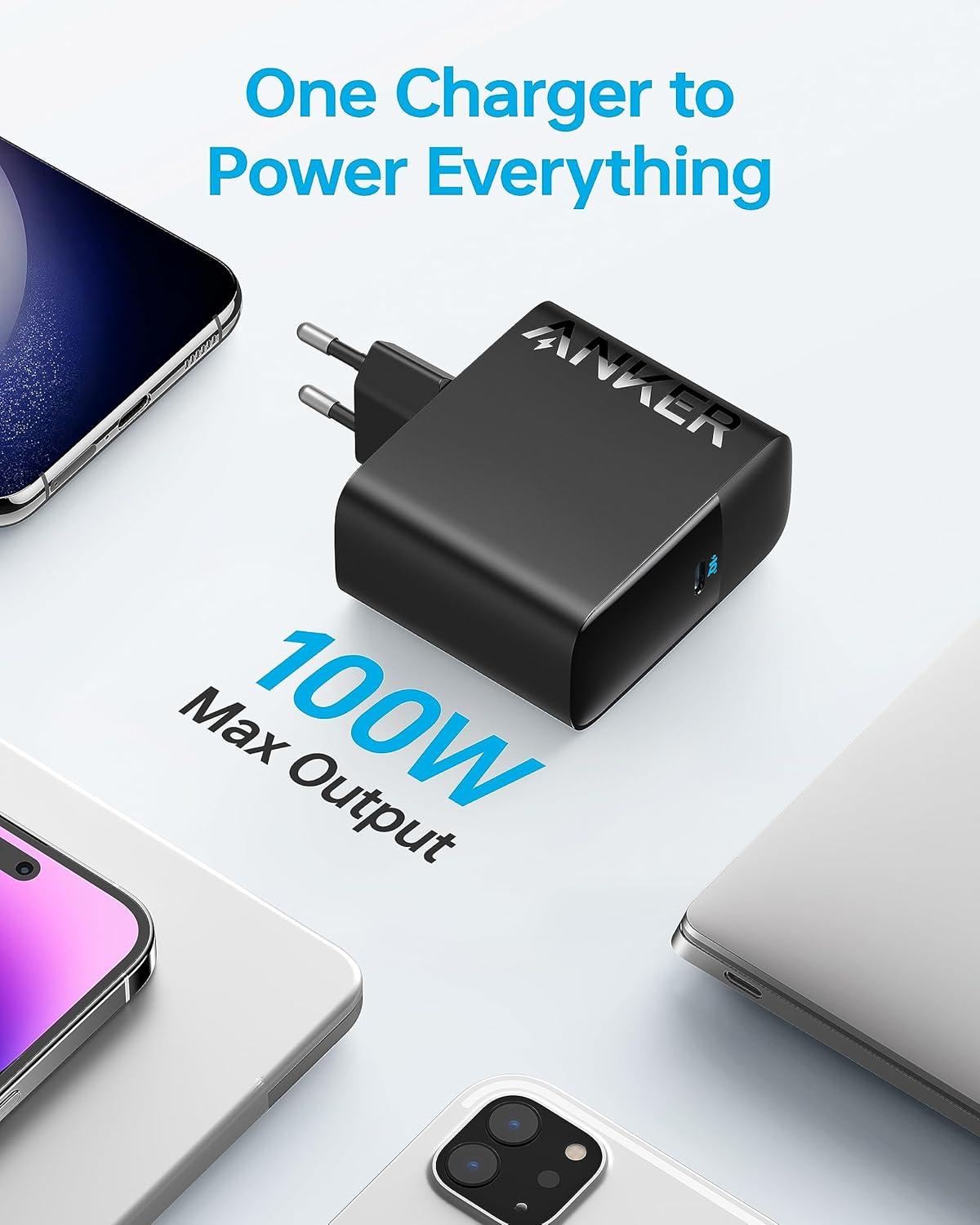 imageAnker USB C Charger 100W PIQ 30 Compact Fast Charger for MacBook Pro MacBook Air iPad Pro iPhone 1716 Samsung Galaxy and All USB C Devices 15m Cable Included